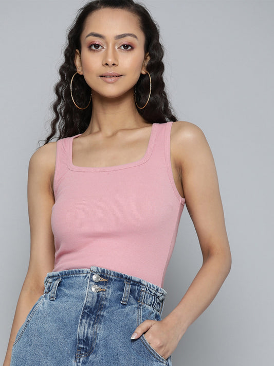 Women Ribbed Fitted Pink Crop Top
