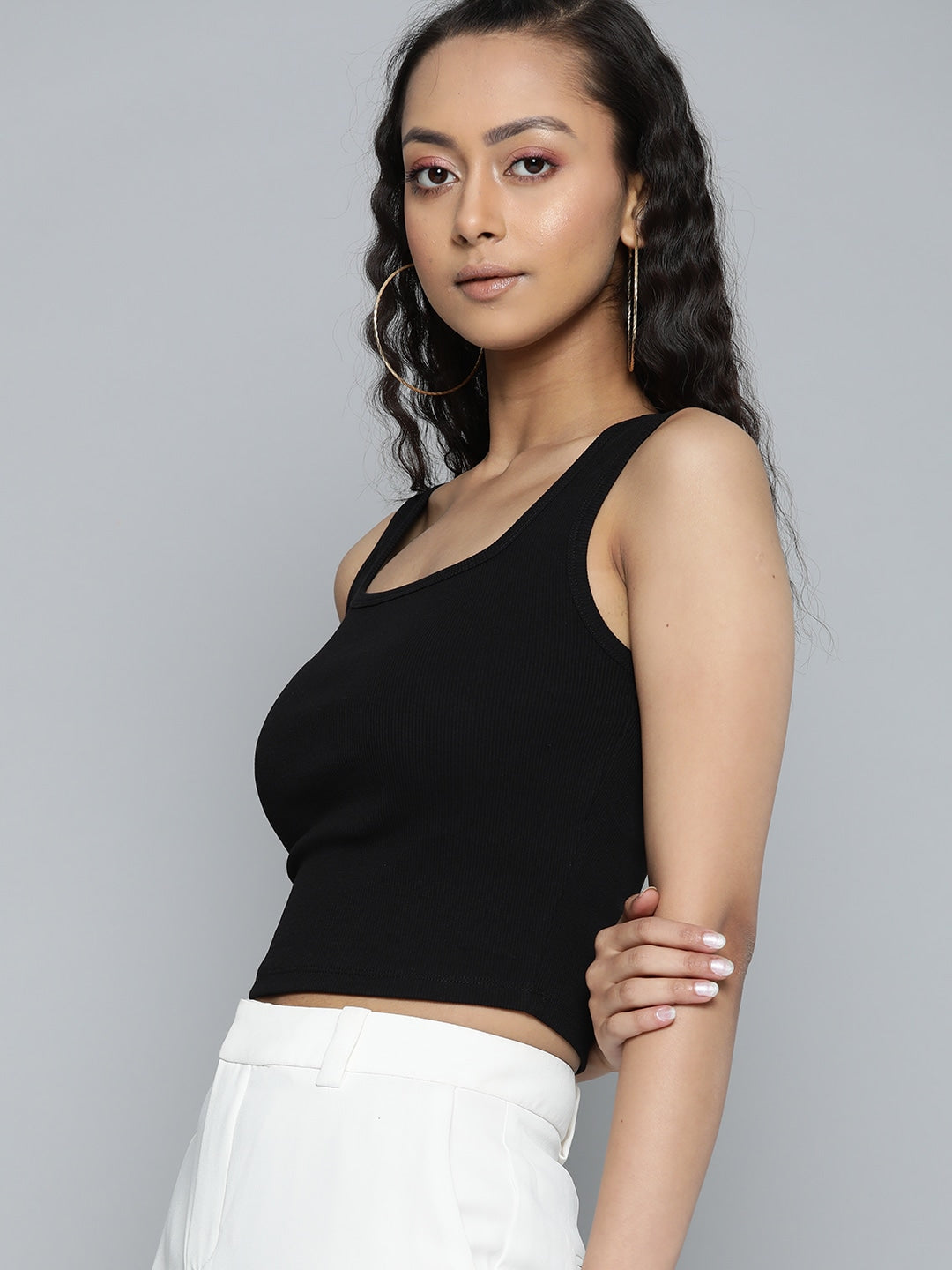 Women Ribbed Fitted Black Crop Top