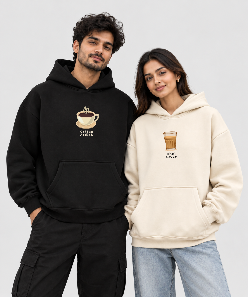 Chai Lover / Coffee Addict – Couple Boxy Fit Hoodies (Set of 2) | 100% Cotton Fleece