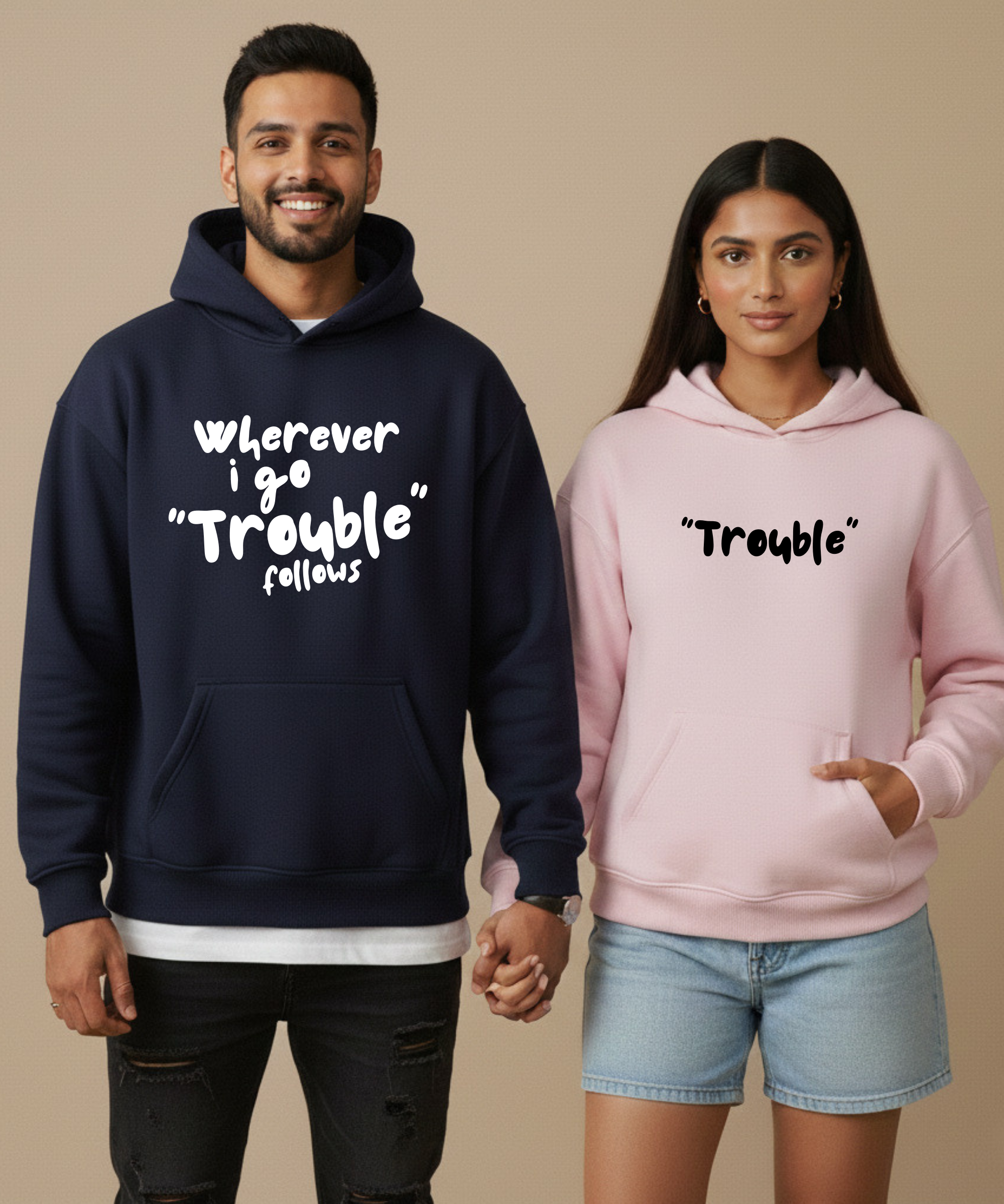 Wherever I Go Trouble Follows / Trouble – Couple Oversized Hoodies (Set of 2) | Premium 400 GSM