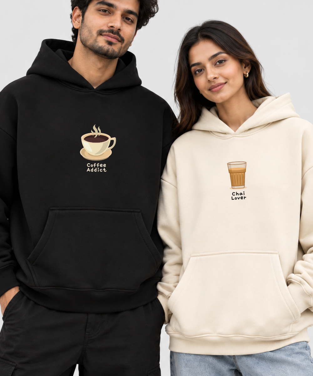 Chai Lover / Coffee Addict – Couple Boxy Fit Hoodies (Set of 2) | 100% Cotton Fleece