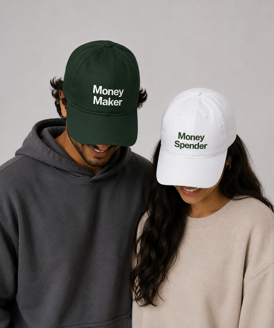 Money Maker & Money Spender – Embroidered Couple Caps Set of 2