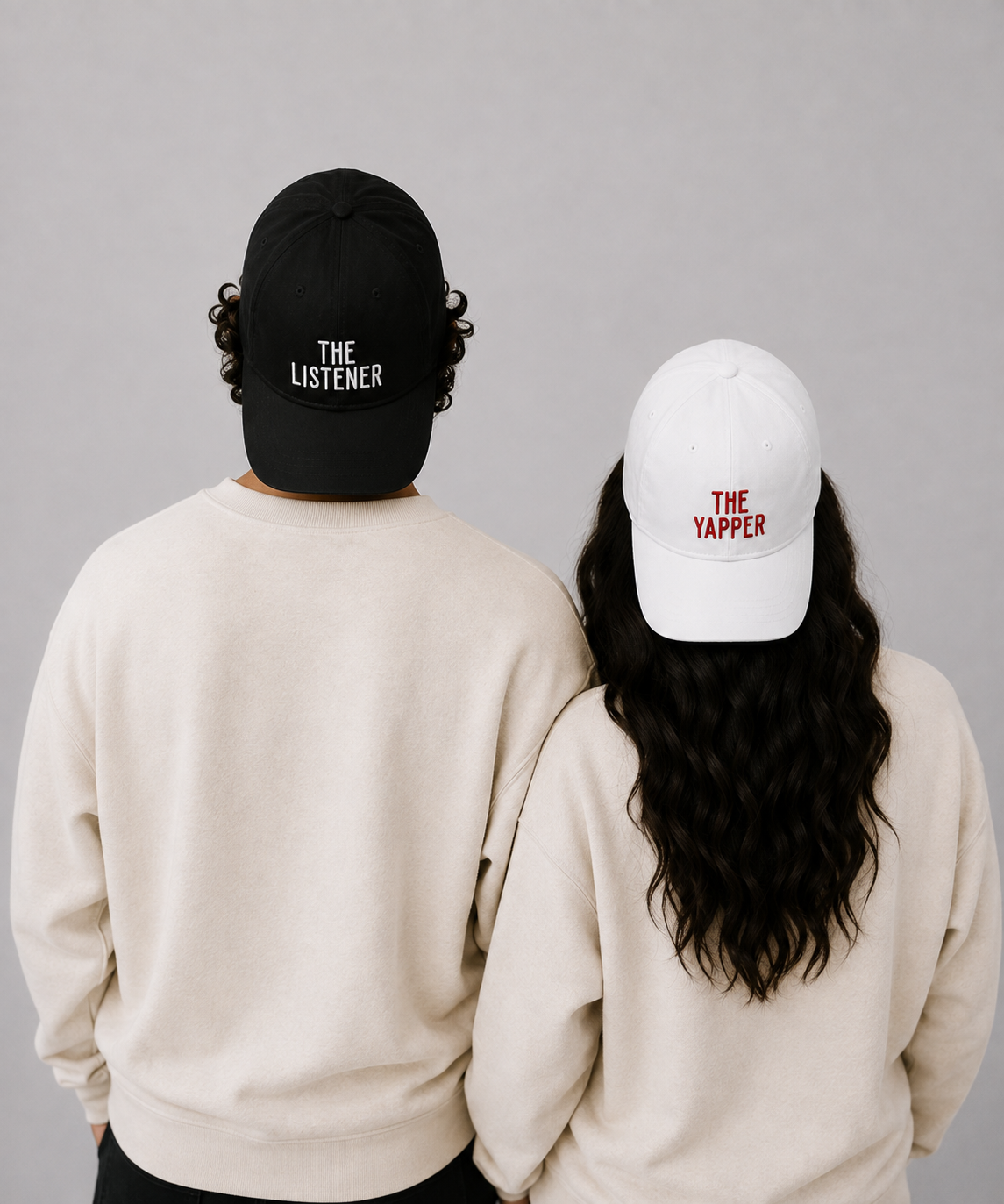 The Listener & The Yapper – Embroidered Couple Caps Set of 2