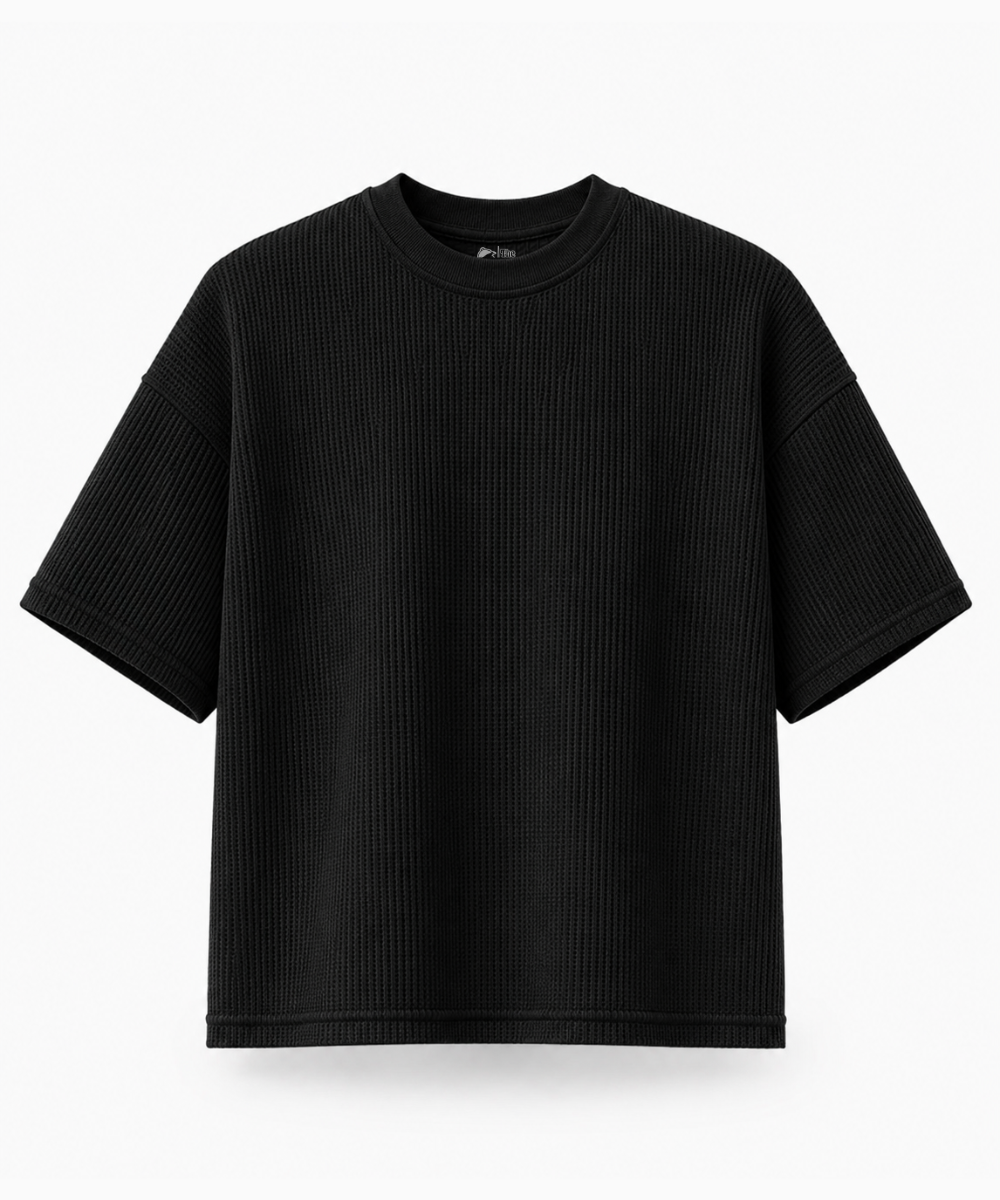 Black — Waffle Knit Boxy Oversized T-shirt
