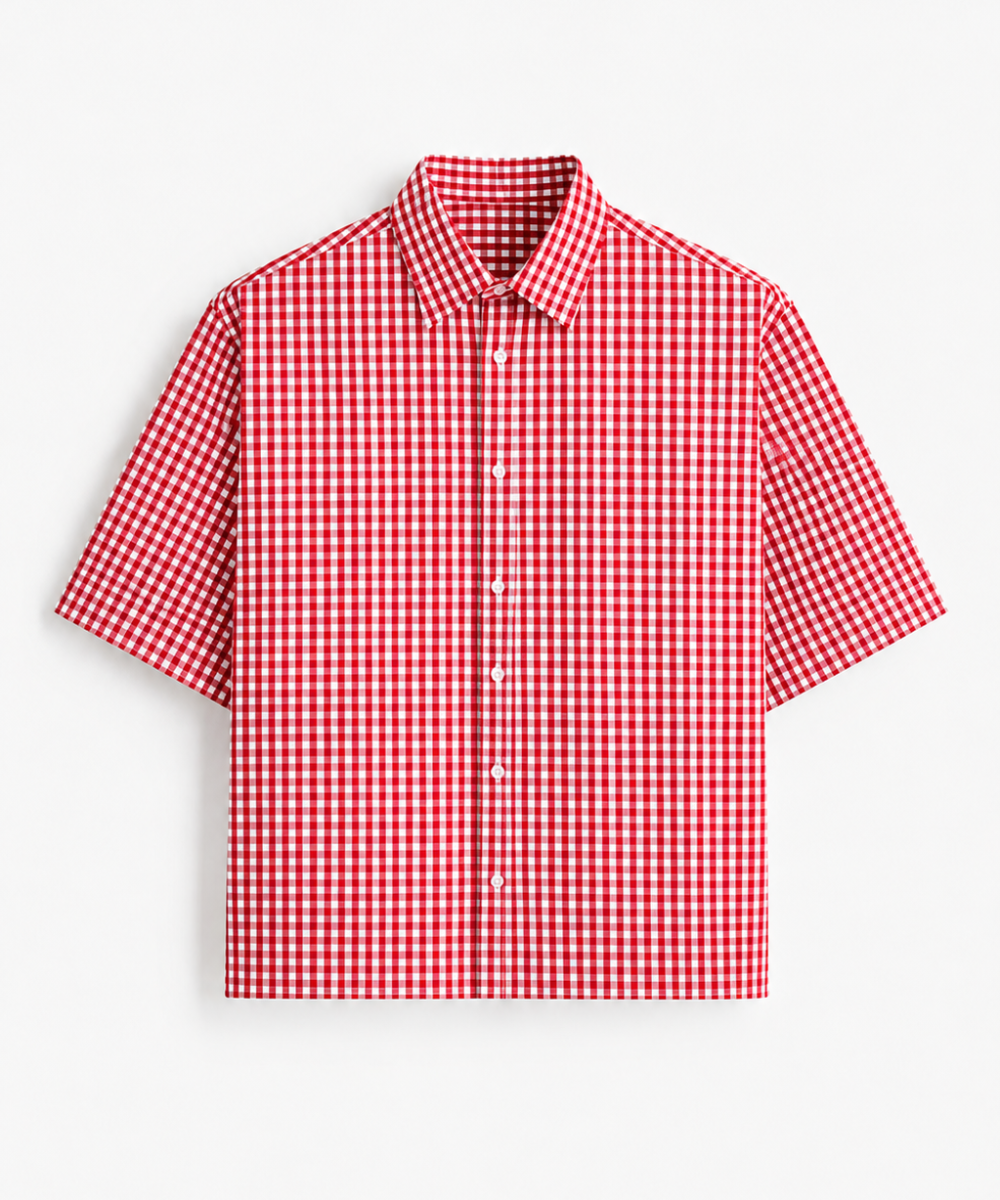Red Gingham Oxford Cotton Shirt – Boxy Fit Half Sleeve Check Shirt
