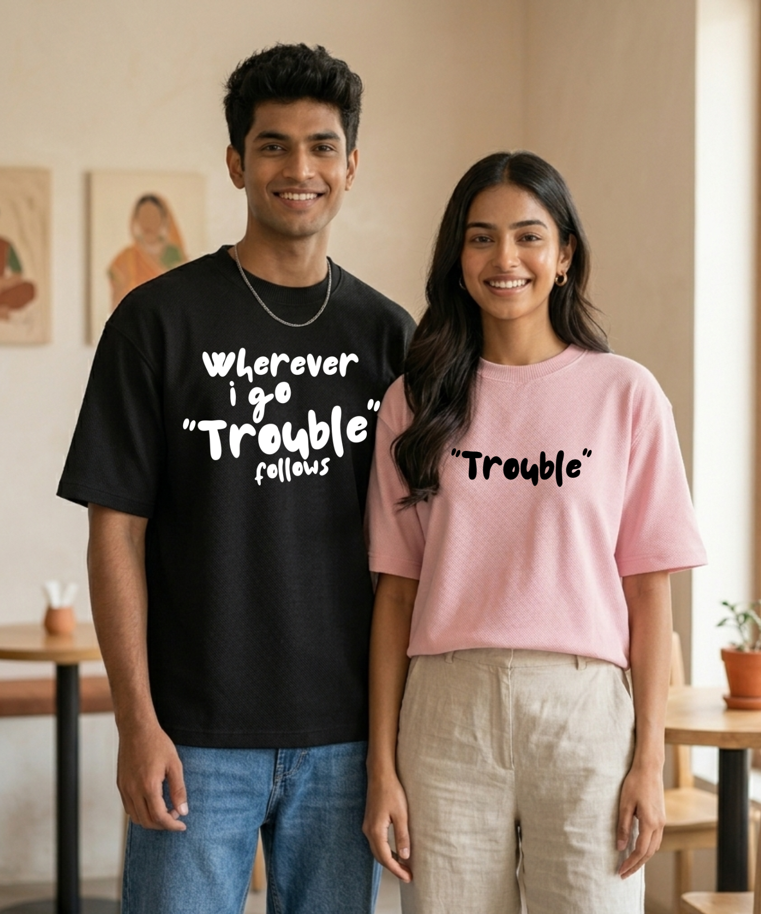 Wherever I Go Trouble Follows / Trouble – Couple Oversized Fit T-shirts (Set of 2)