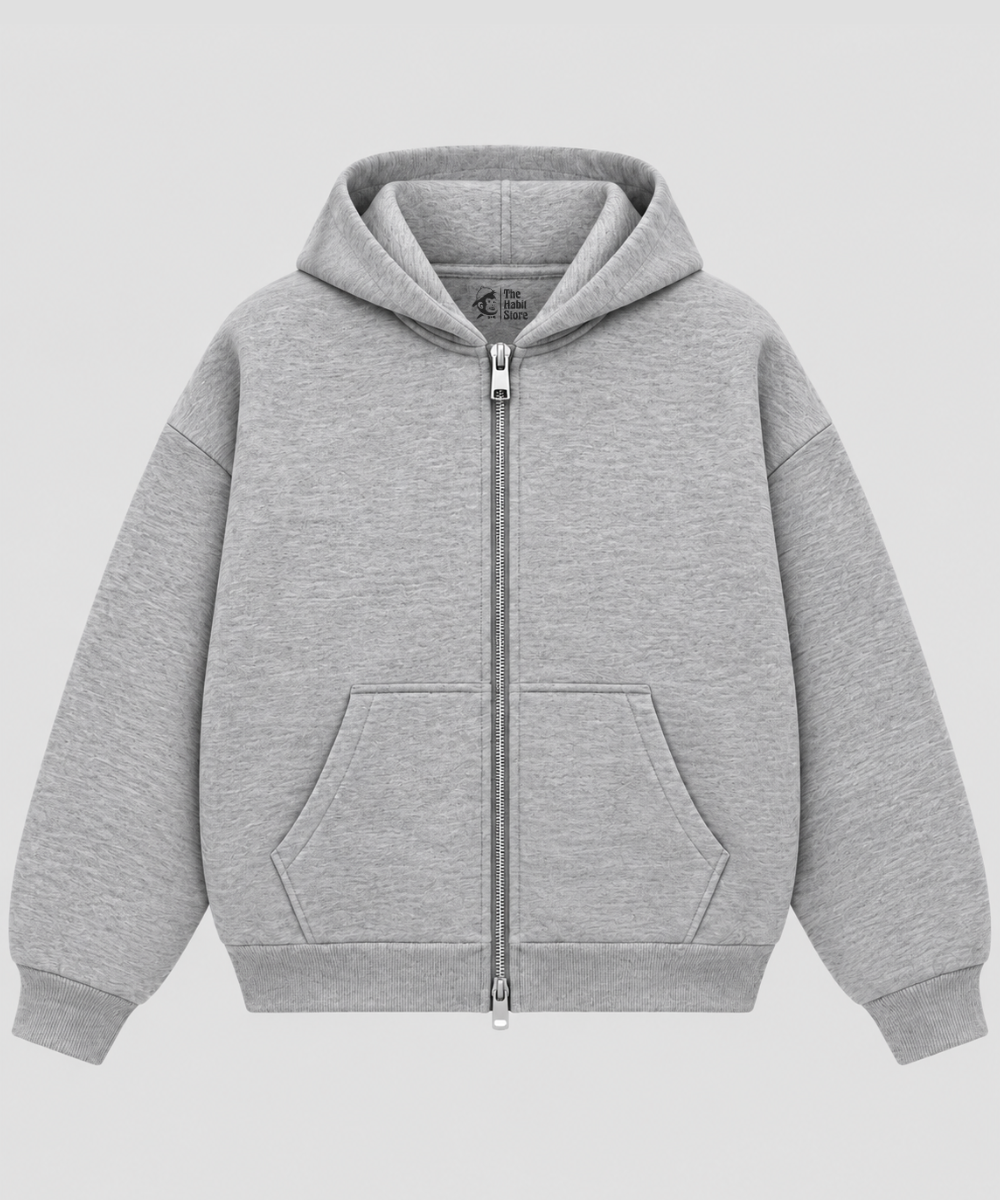 Grey Boxy Double Zip Hoodie – 360 GSM Cotton Fleece