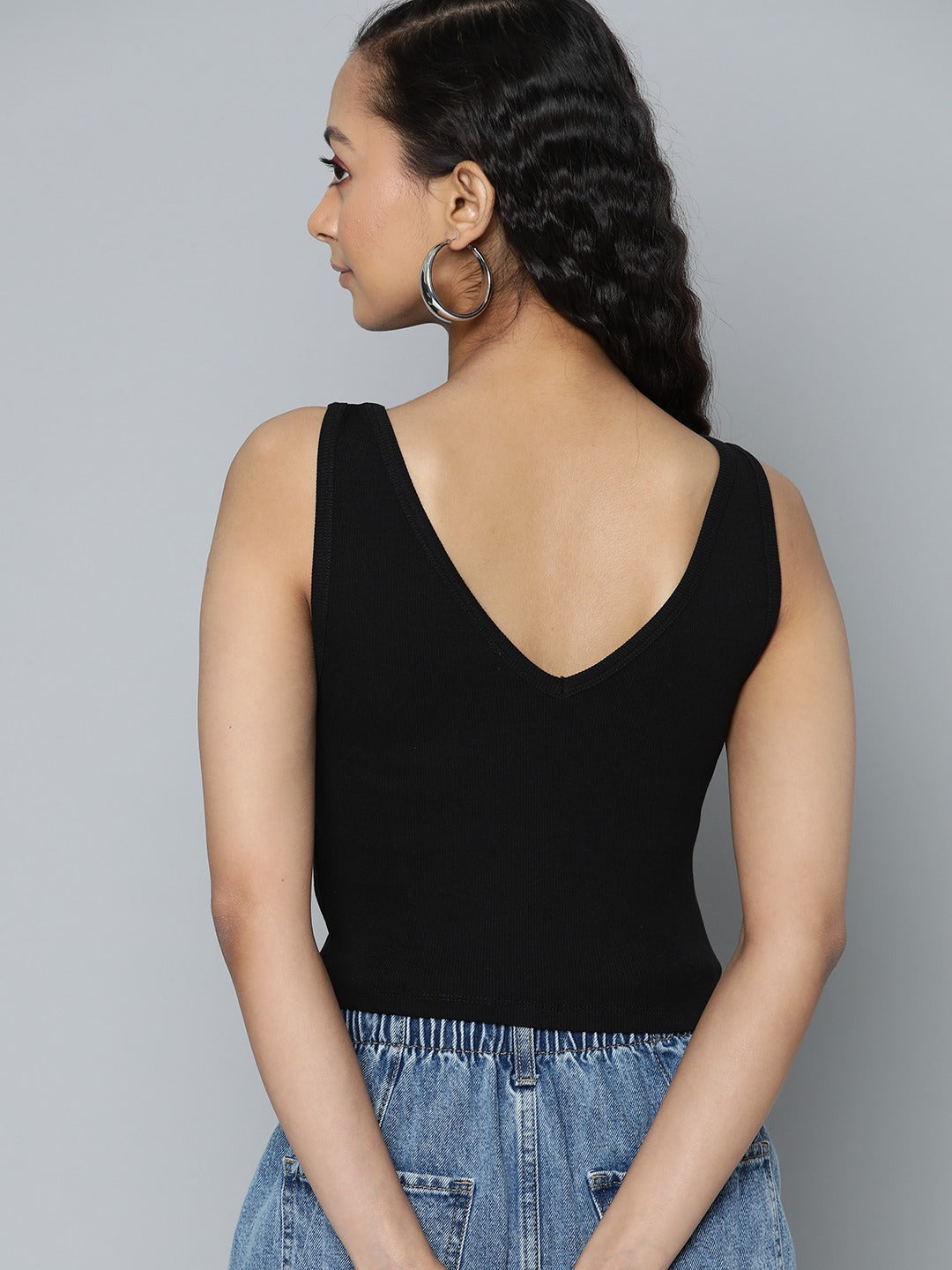 Women V-Neck Ribbed Fitted Black Crop Top