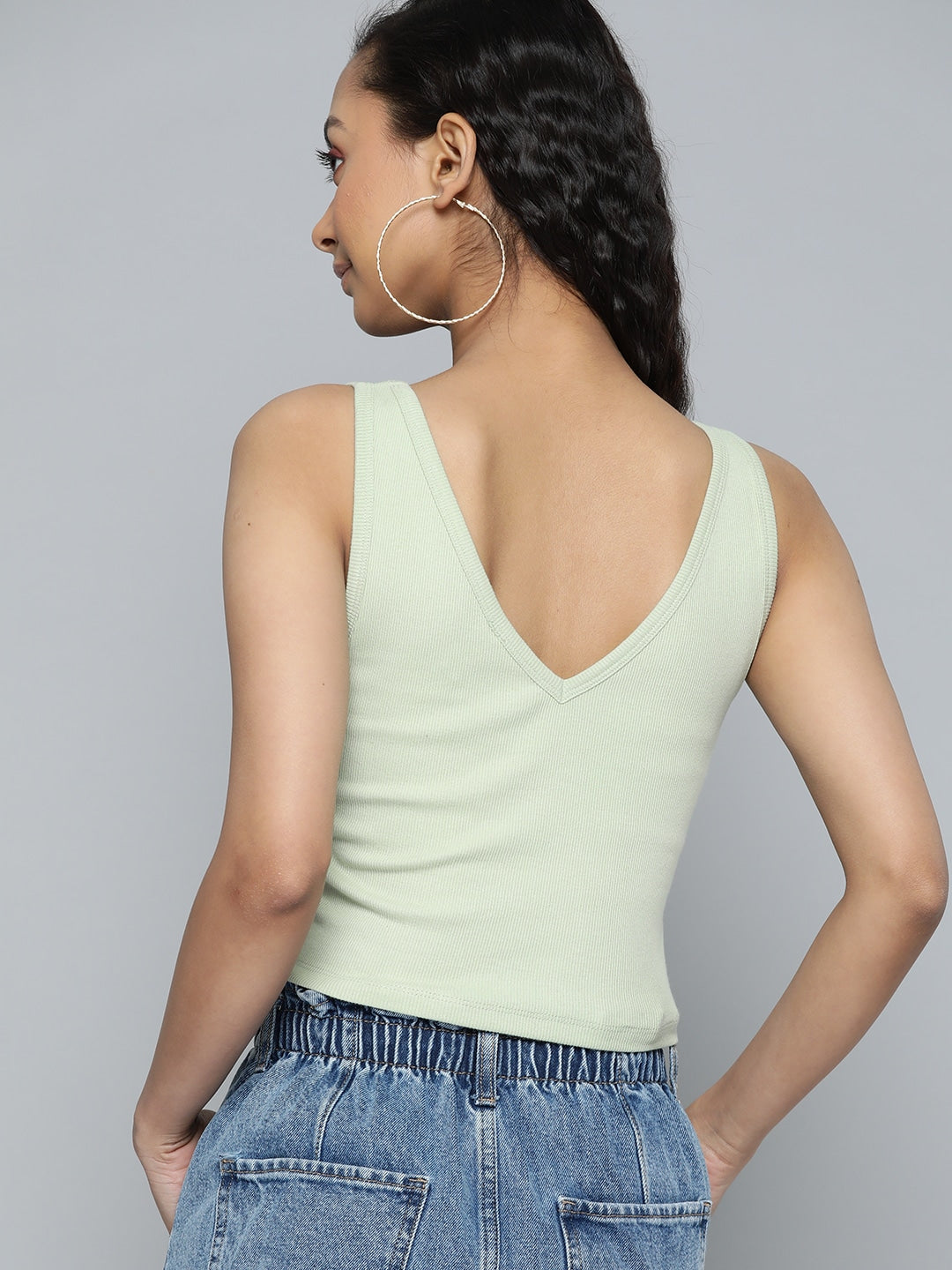 Women V-Neck Ribbed Fitted Green Crop Top