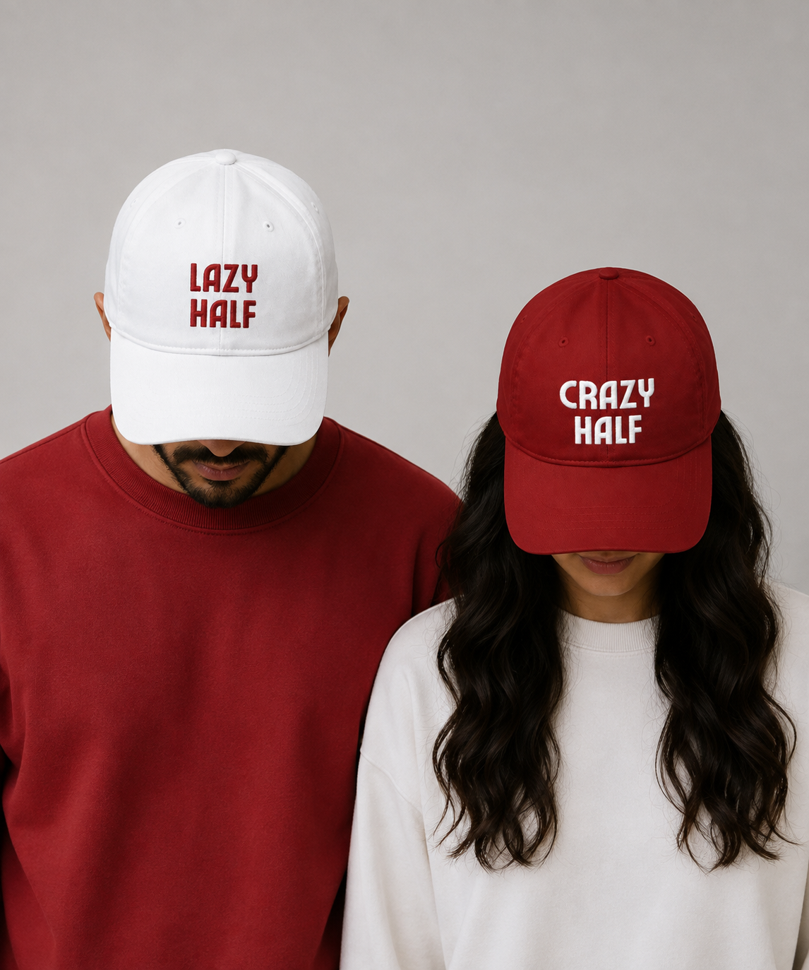 Lazy Half & Crazy Half – Embroidered Couple Caps Set of 2