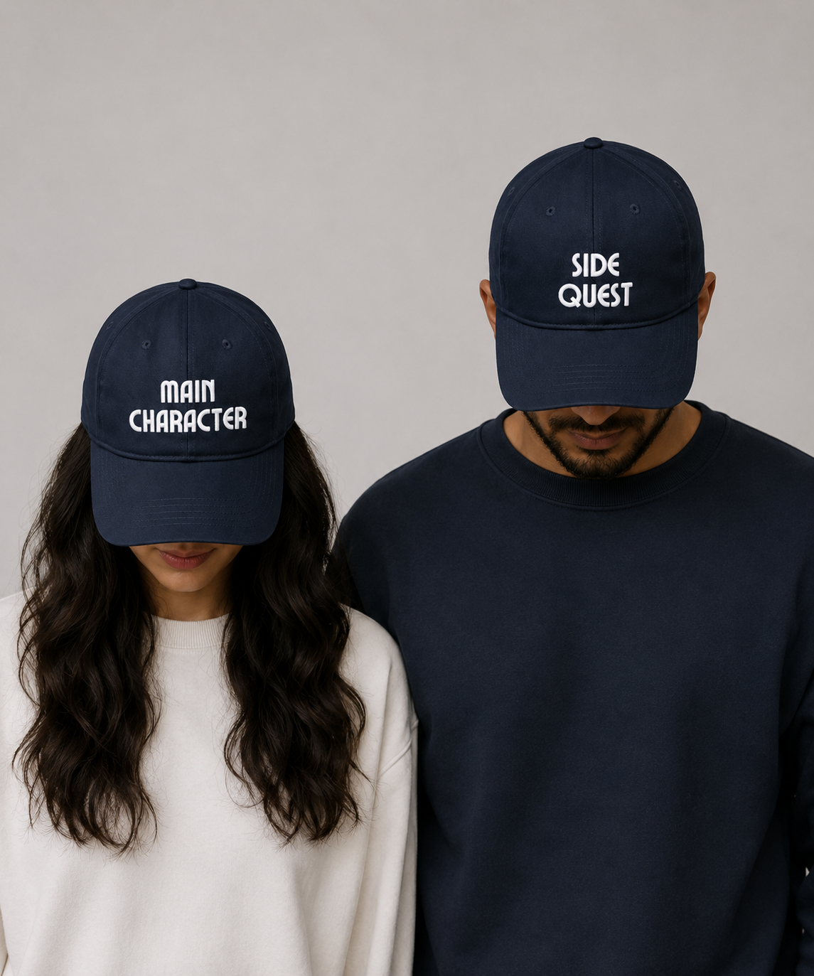 Main Character & Side Quest – Embroidered Couple Caps Set of 2