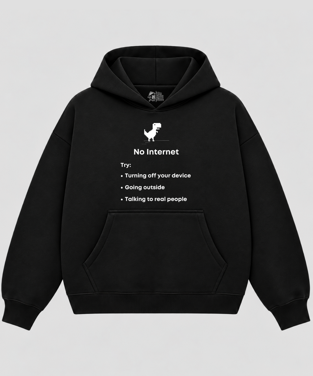 No Internet - Black Boxy Hoodie – 100% Cotton Fleece