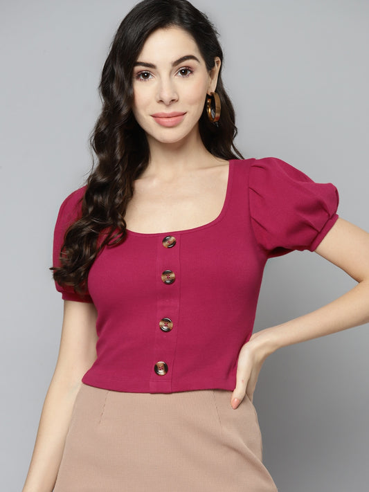 Women Puff Sleeve Solid Pink Top
