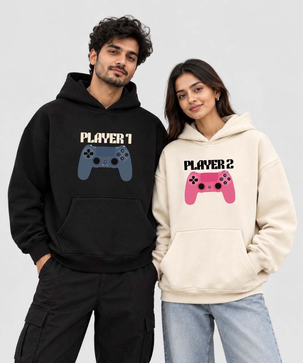 Player 1 / Player 2 – Couple Boxy Fit Hoodies (Set of 2) | 100% Cotton Fleece
