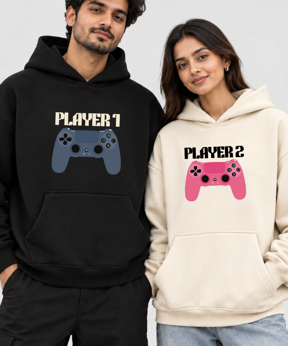Player 1 / Player 2 – Couple Boxy Fit Hoodies (Set of 2) | 100% Cotton Fleece