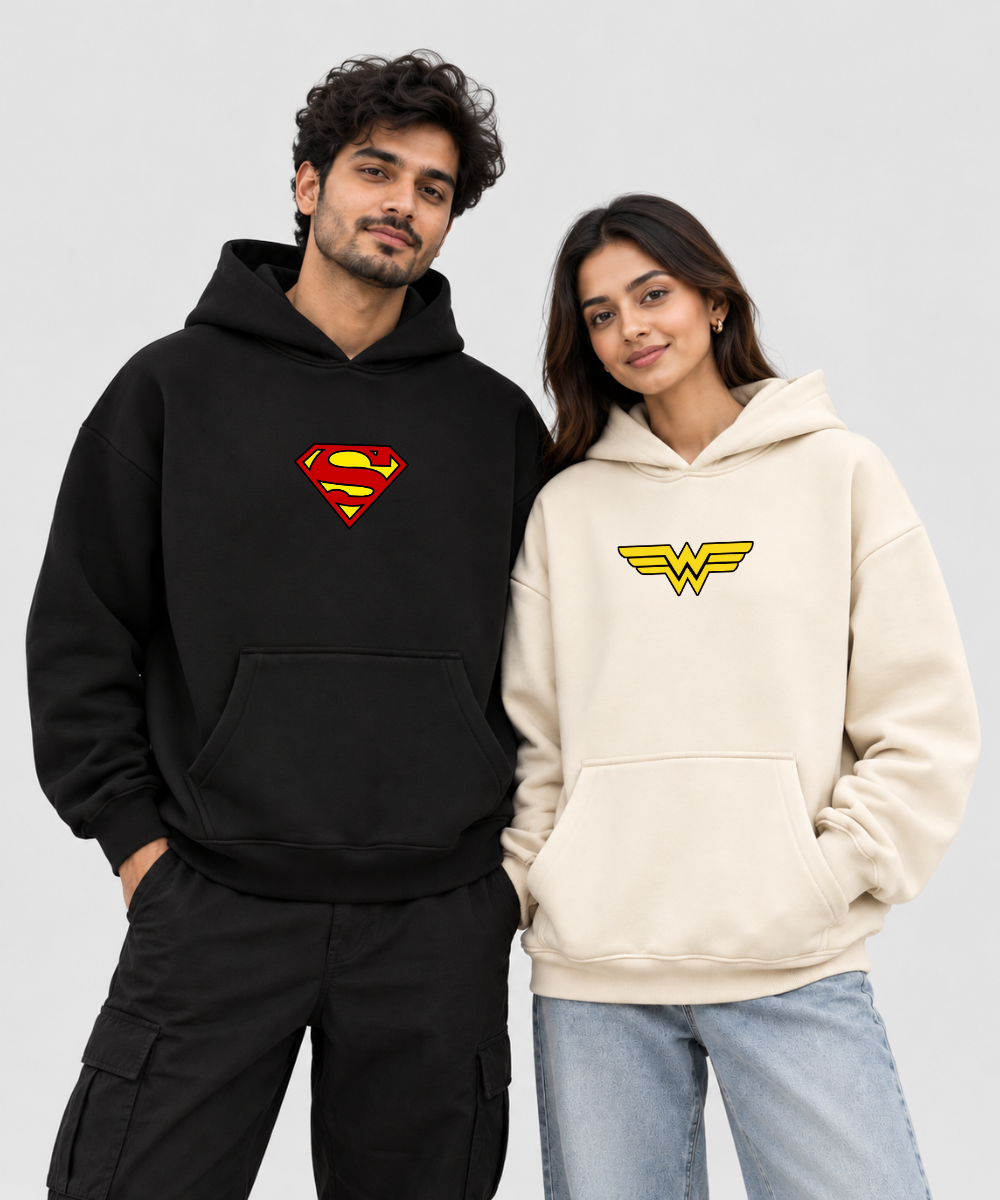 Superman / Wonder Woman – Couple Boxy Fit Hoodies (Set of 2) | 100% Cotton Fleece