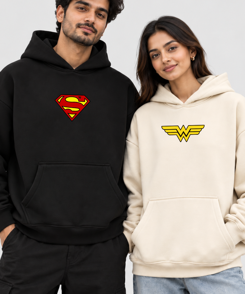 Superman / Wonder Woman – Couple Boxy Fit Hoodies (Set of 2) | 100% Cotton Fleece