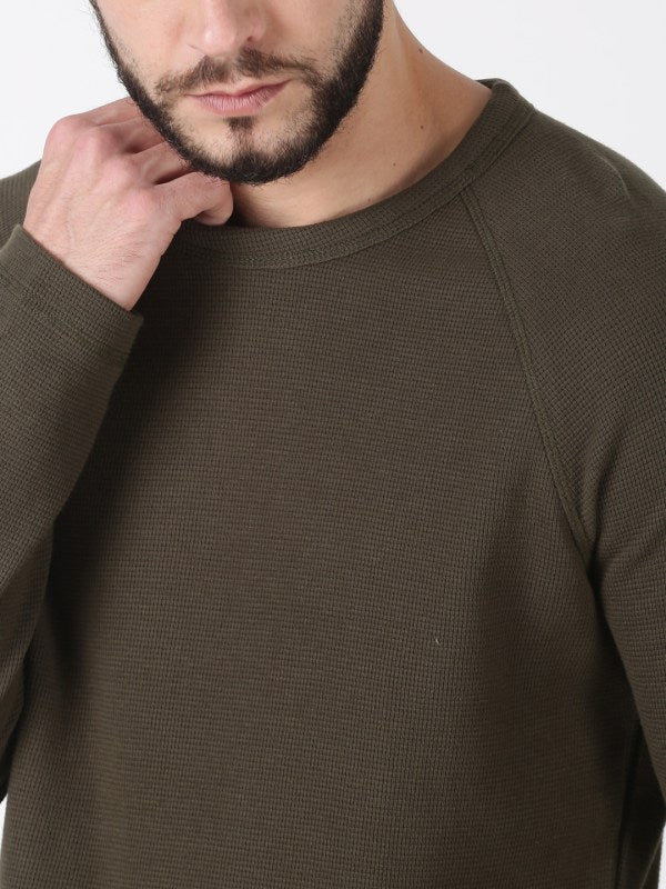 Men Solid Olive Cotton Crew Neck Pullover Sweatshirt