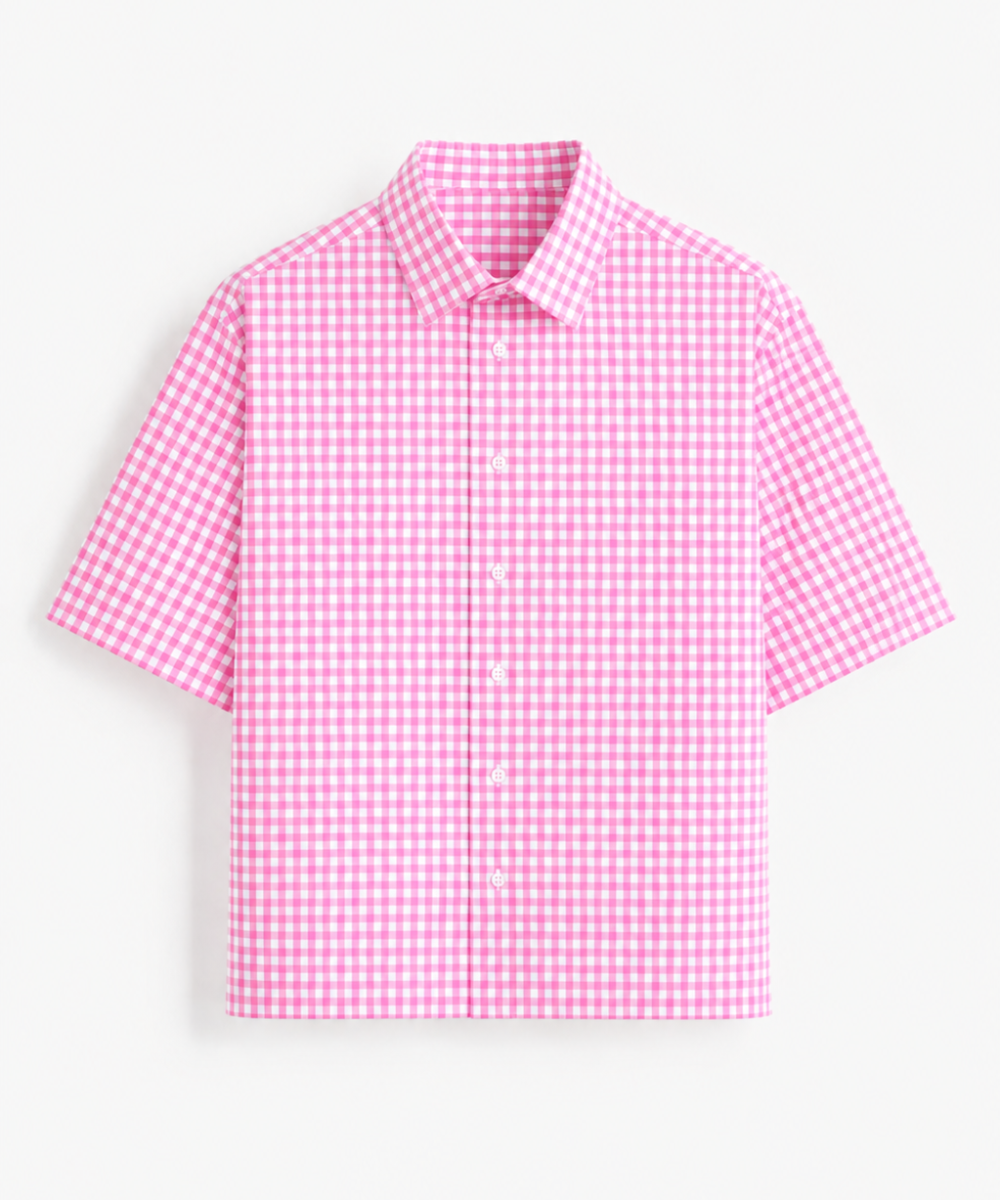 Pink Gingham Oxford Cotton Shirt – Boxy Fit Half Sleeve Check Shirt