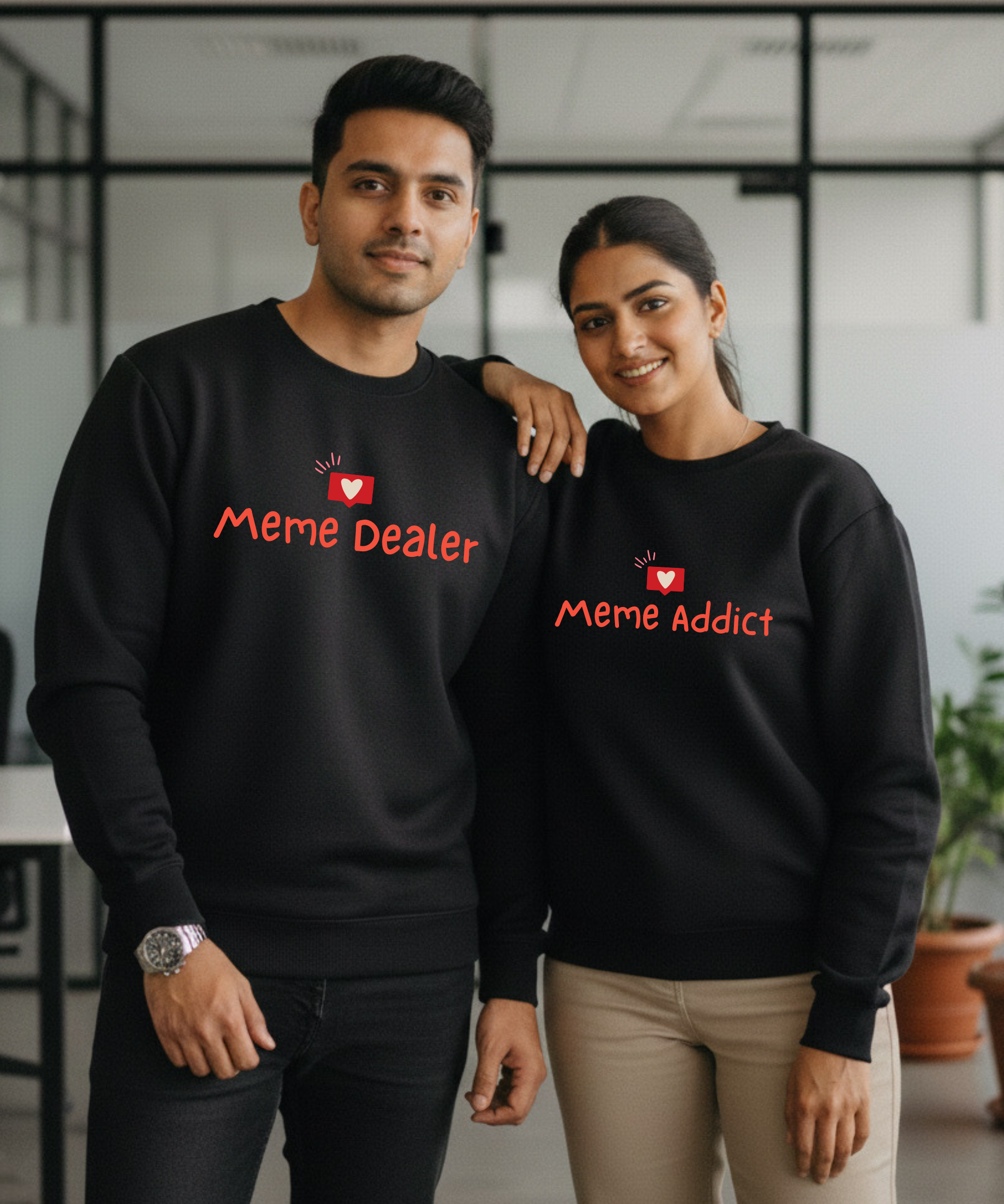 Meme Dealer – Meme Addict – Couple Oversized Sweatshirts (Set of 2) | Premium 400 GSM