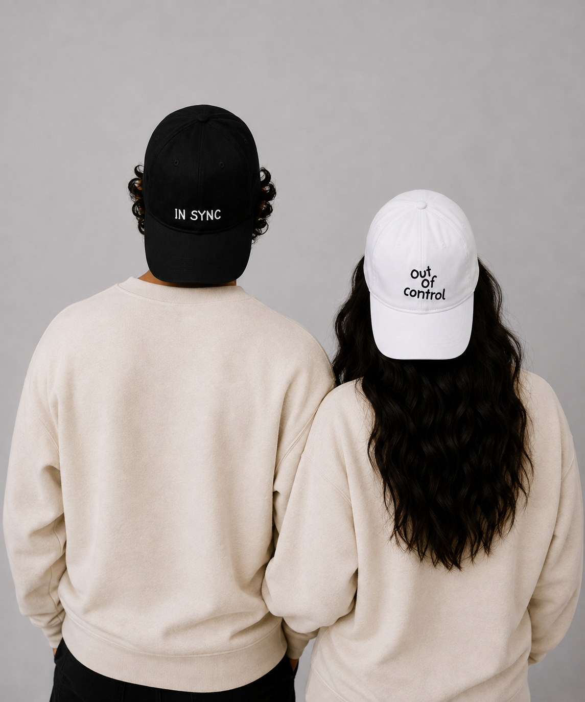 In Sync & Out of Control – Embroidered Couple Caps Set of 2