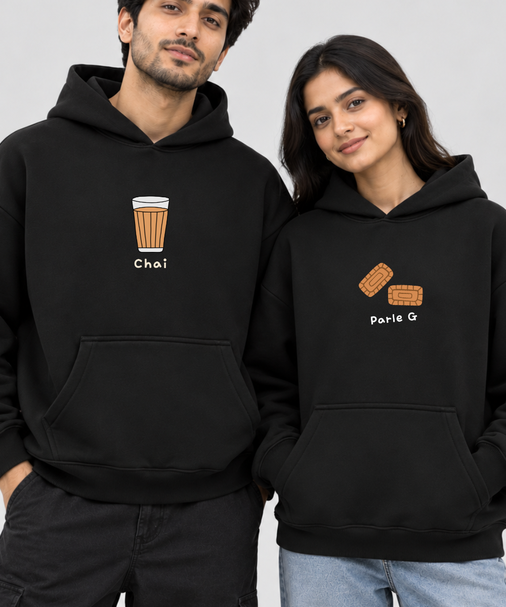Chai / Parle G – Couple Boxy Fit Hoodies (Set of 2) | 100% Cotton Fleece