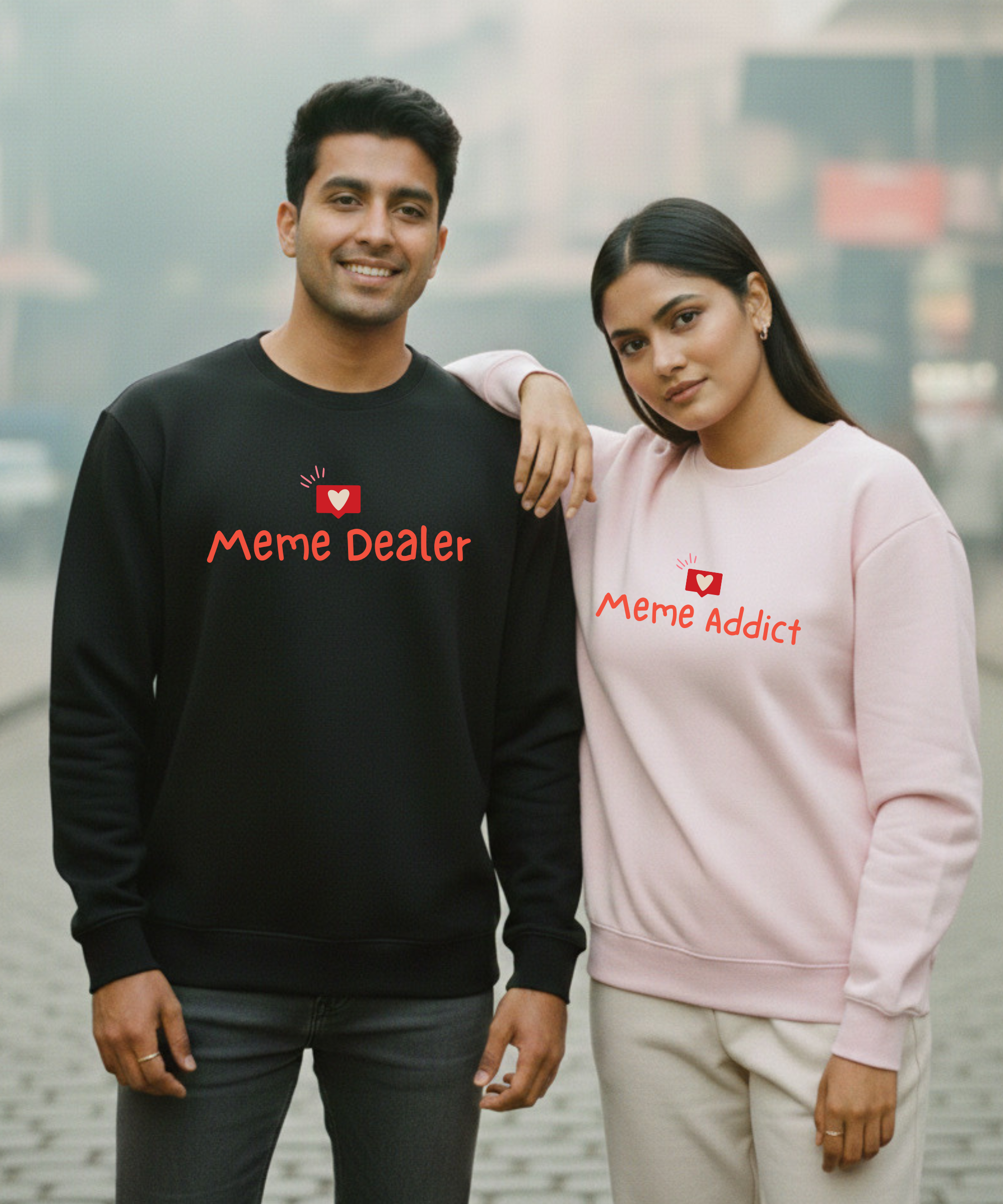 Meme Dealer – Meme Addict – Couple Oversized Sweatshirts (Set of 2) | Premium 400 GSM