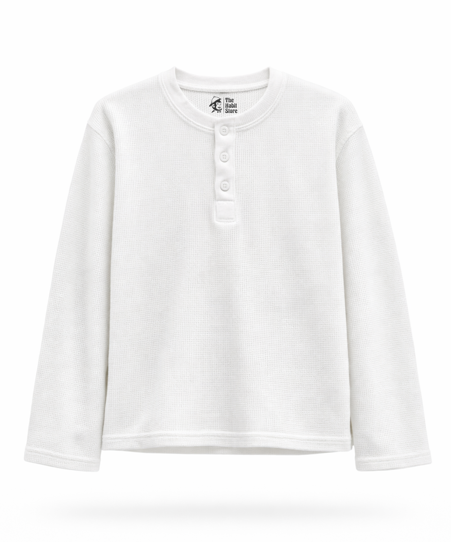 White Henley Waffle Knit Full Sleeve
