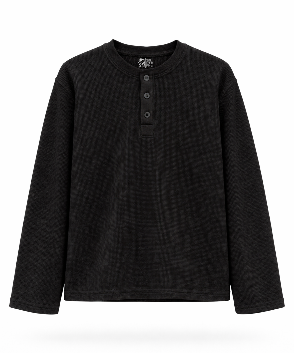 Black Henley Waffle Knit Full Sleeve
