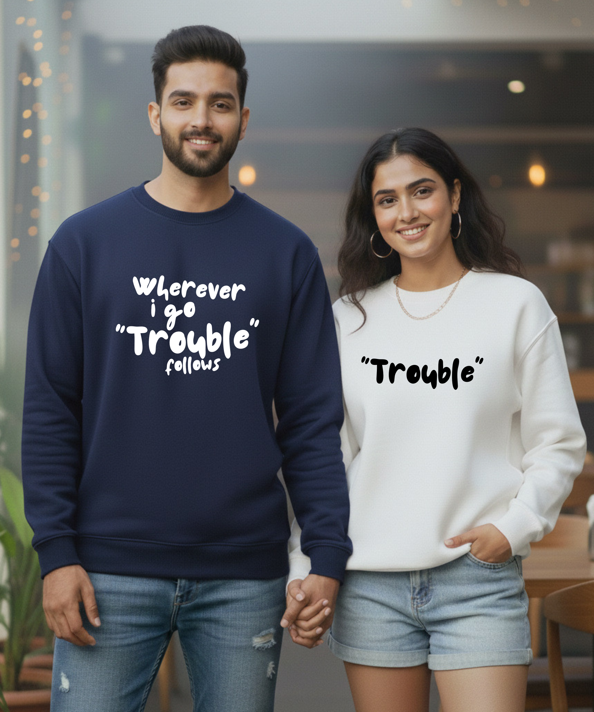 Wherever I Go Trouble Follows – Trouble – Couple Oversized Sweatshirts (Set of 2) | Premium 400 GSM