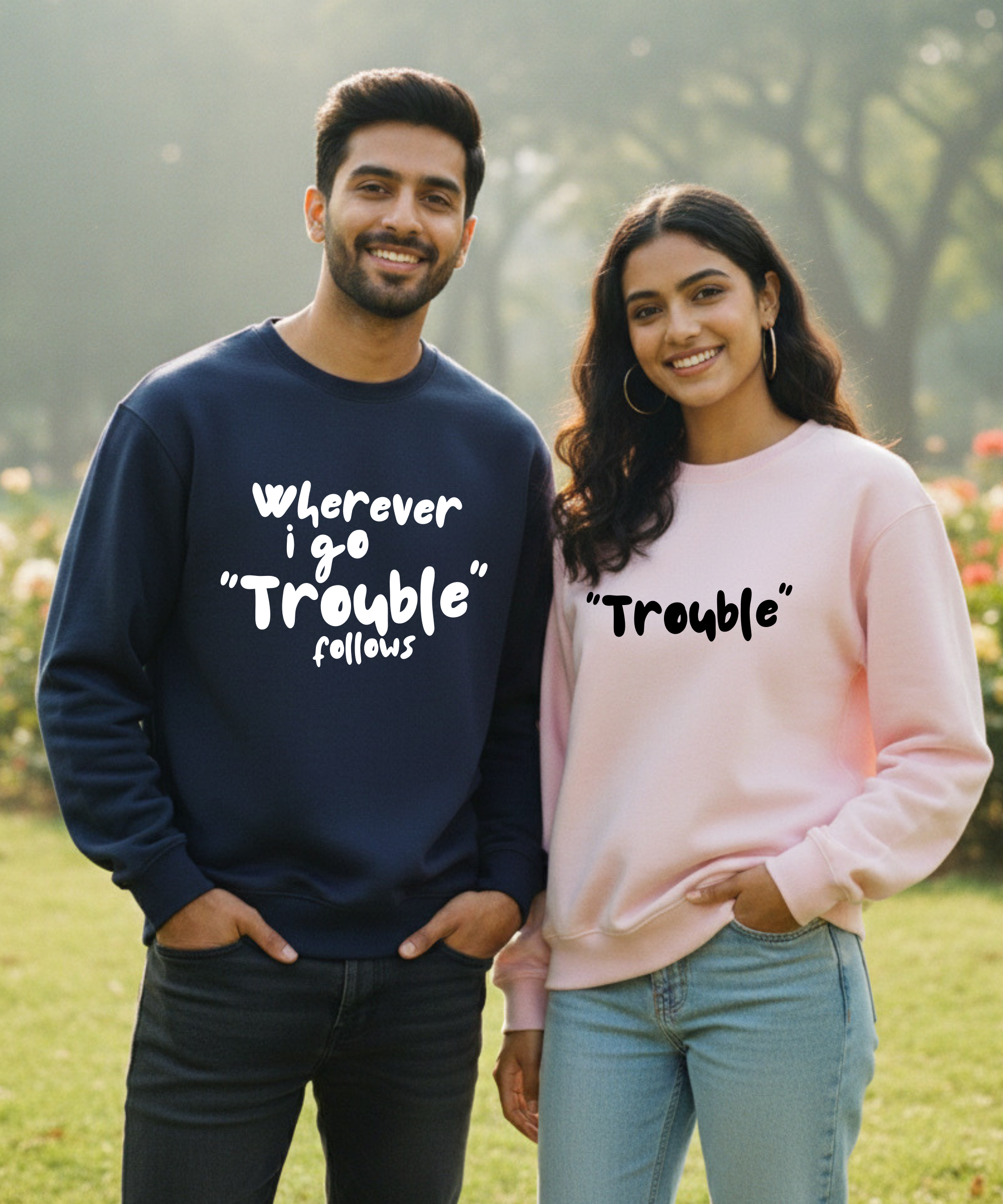 Wherever I Go Trouble Follows – Trouble – Couple Oversized Sweatshirts (Set of 2) | Premium 400 GSM