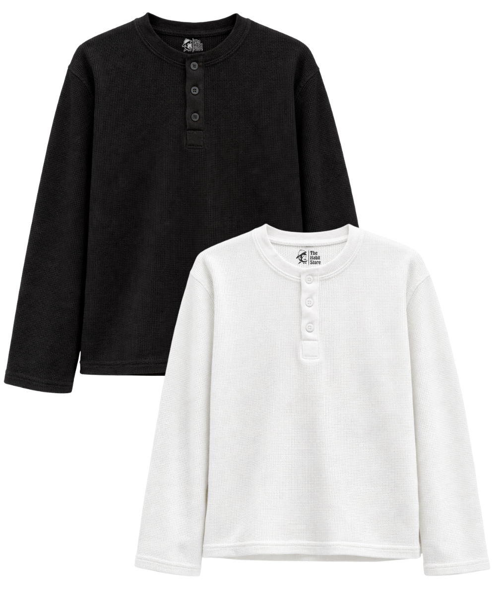 Black & White Henley Waffle Knit Full Sleeve T-Shirt – Pack of 2