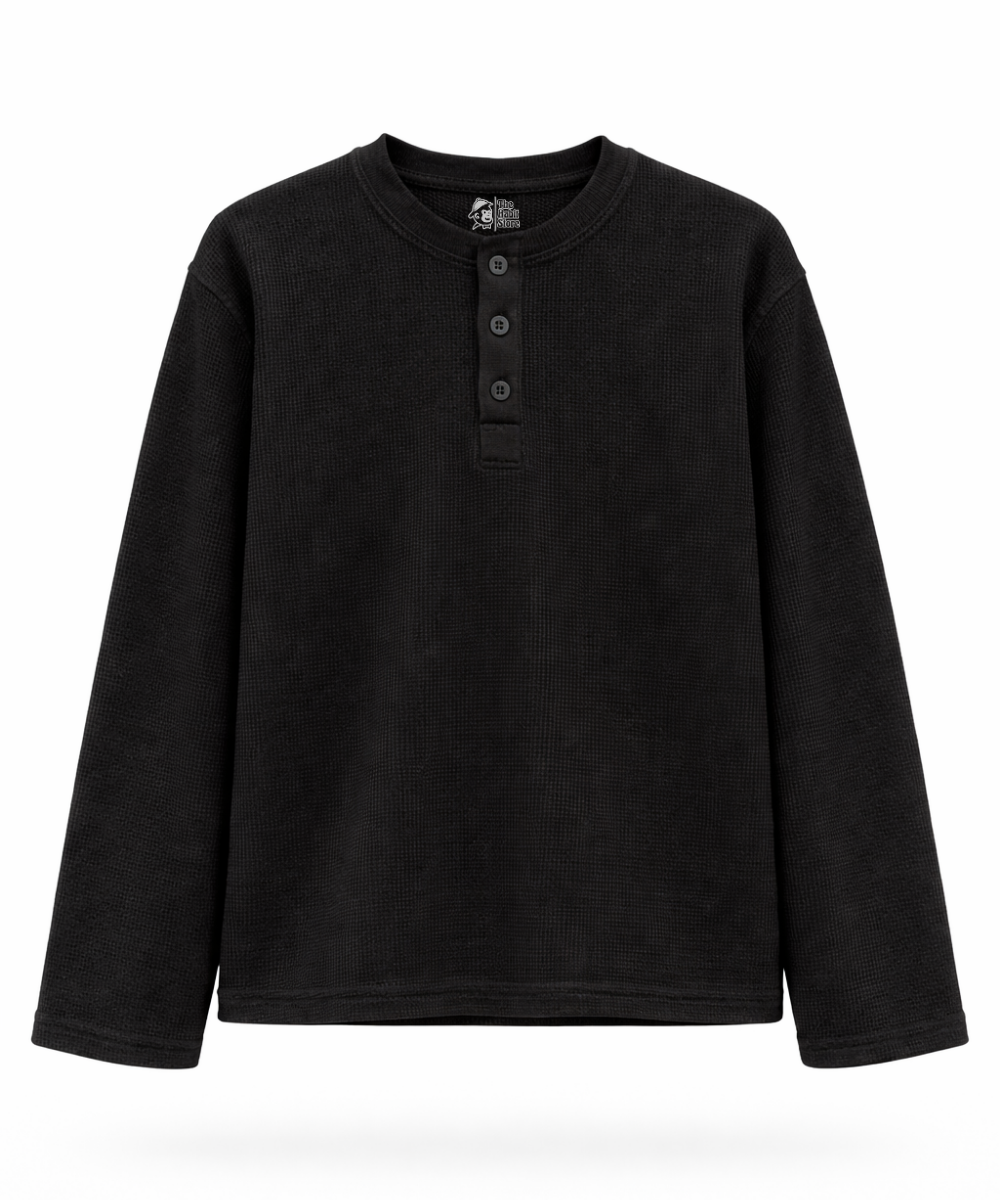 Black & White Henley Waffle Knit Full Sleeve T-Shirt – Pack of 2