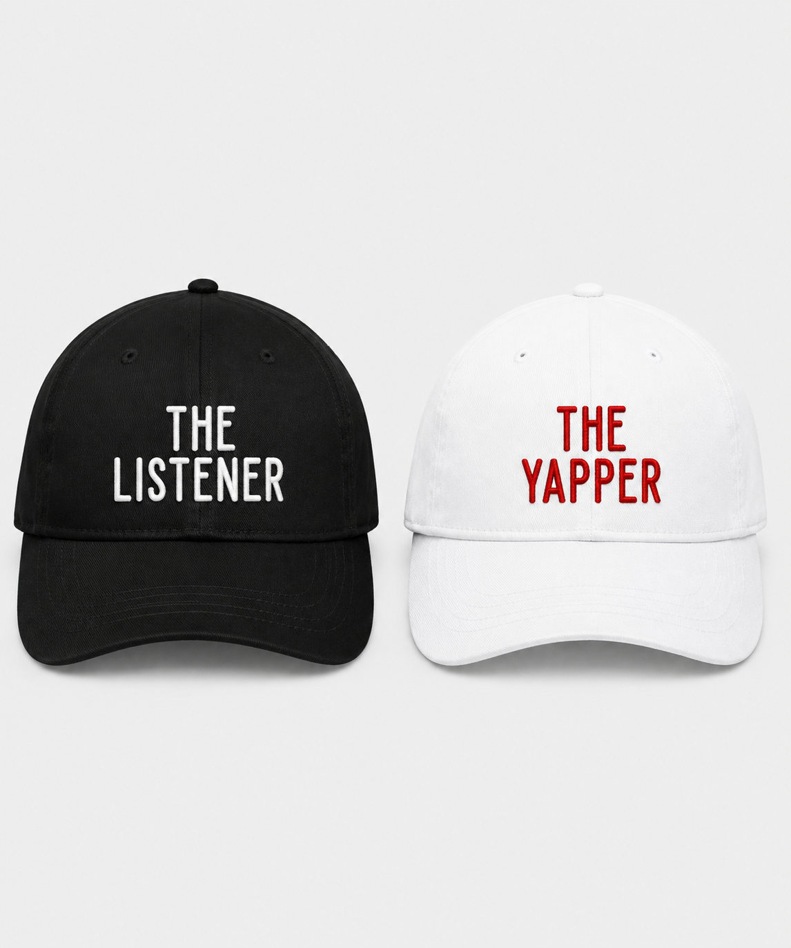 The Listener & The Yapper – Embroidered Couple Caps Set of 2