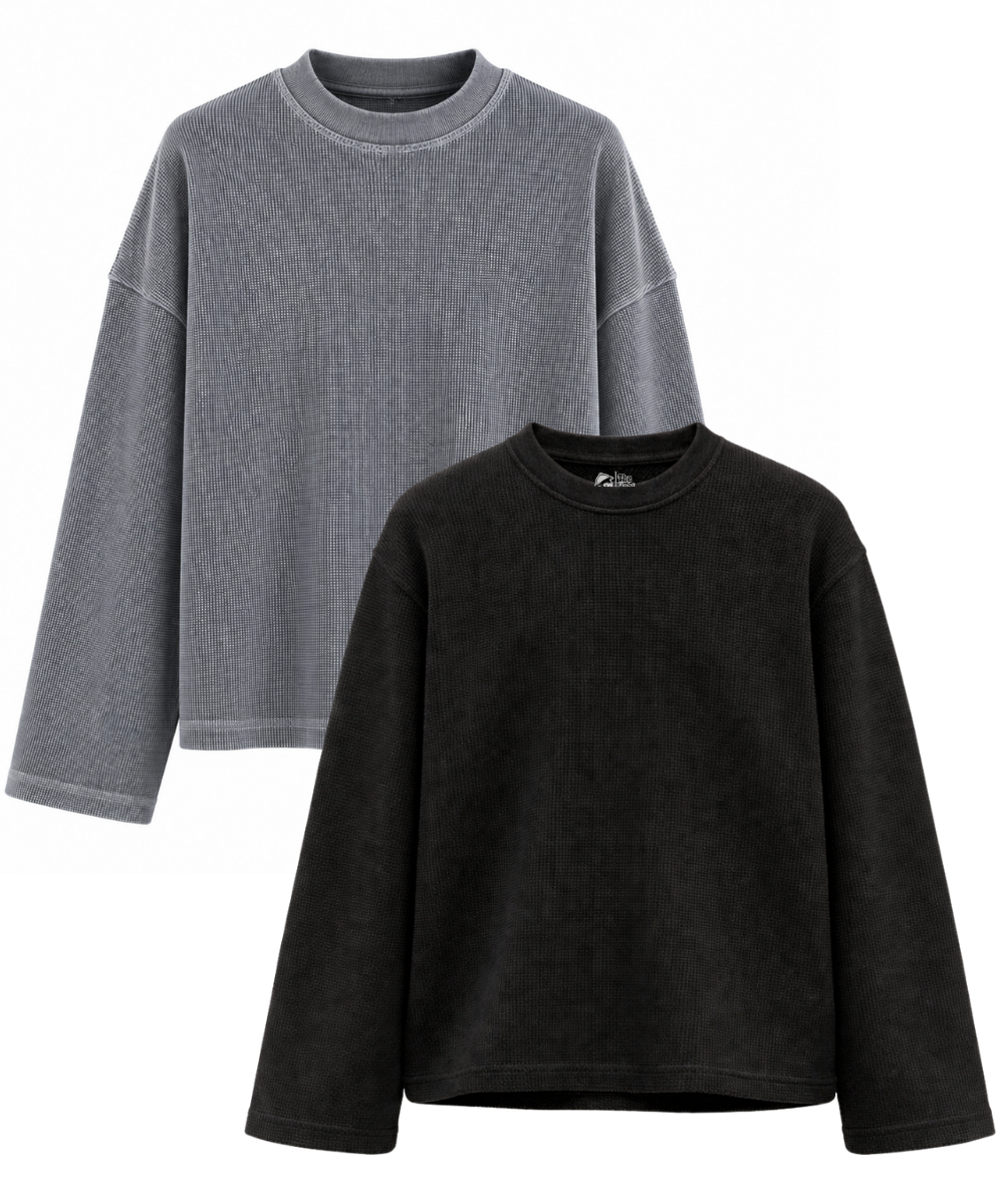 Acid Wash & Black Waffle Knit Oversized Full Sleeve T-Shirt – Pack of 2