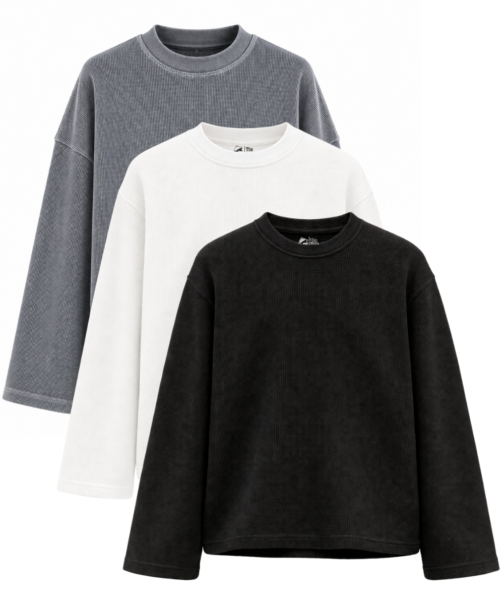 Acid Wash, Black & White Waffle Knit Oversized Full Sleeve T-Shirt – Pack of 3