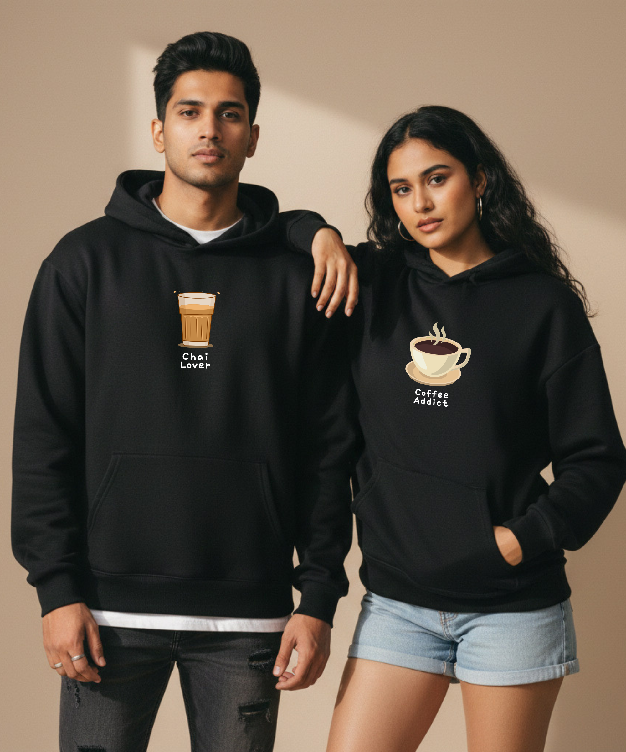 Chai Lover / Coffee Addict – Couple Oversized Hoodies (Set of 2) | Premium 400 GSM