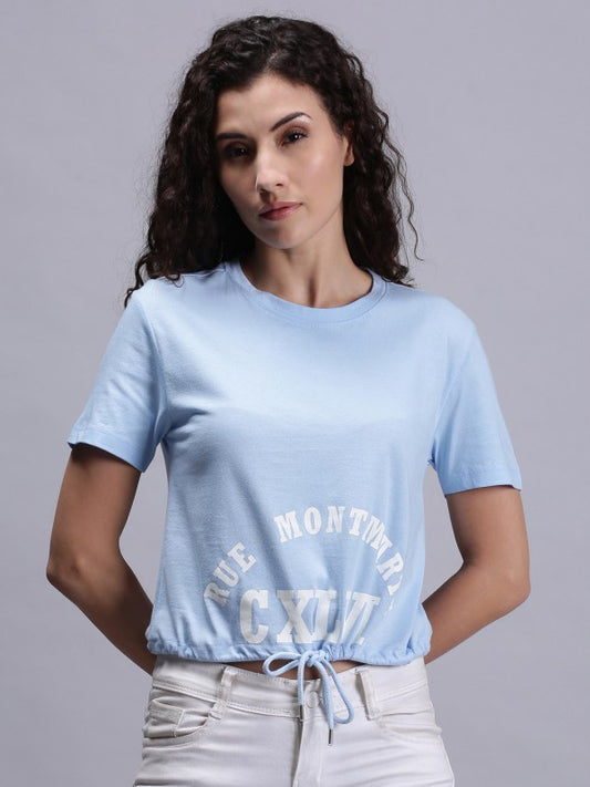 Women Blue Printed Cotton Crew Neck T-shirt