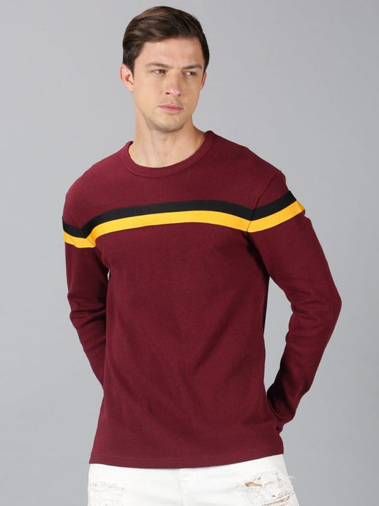 Men Chest Tape Burgundy Round Neck Sweatshirt
