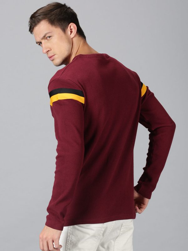 Men Chest Tape Burgundy Round Neck Sweatshirt