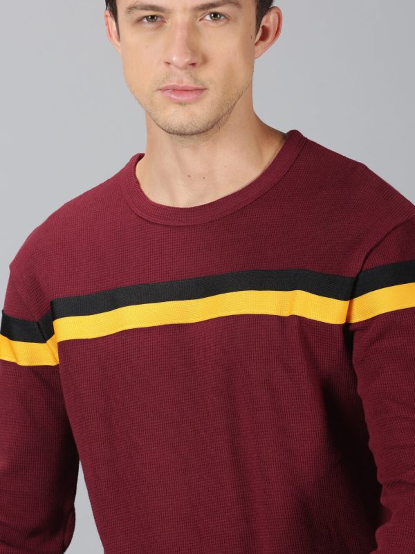 Men Chest Tape Burgundy Round Neck Sweatshirt