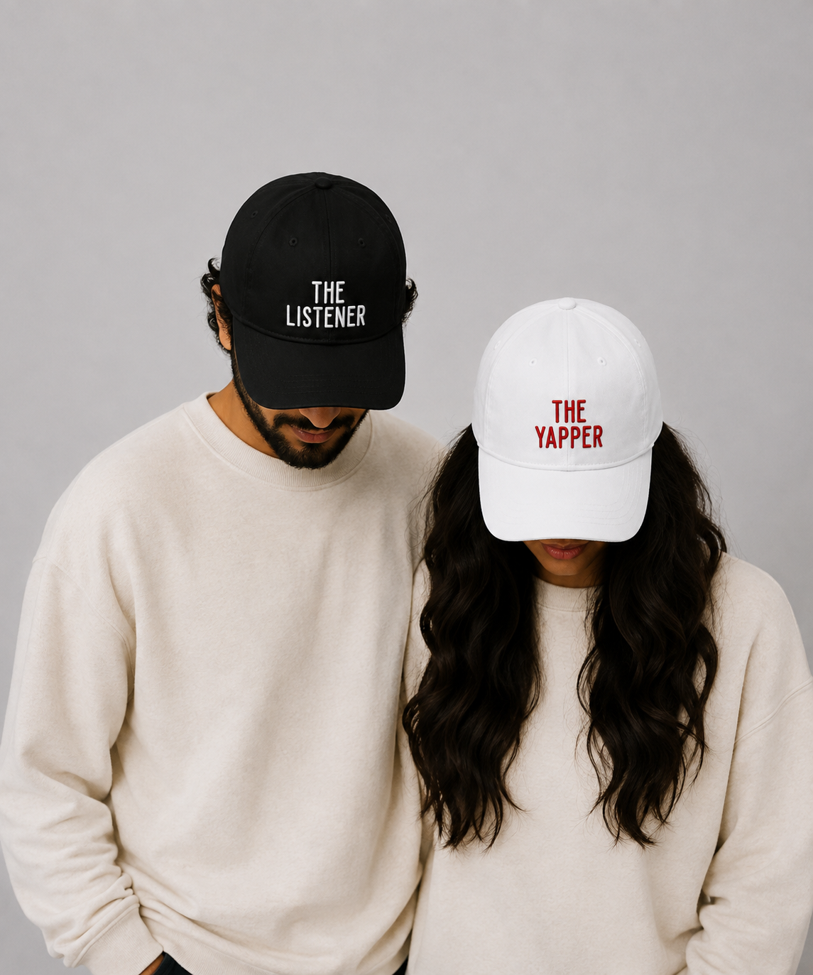The Listener & The Yapper – Embroidered Couple Caps Set of 2