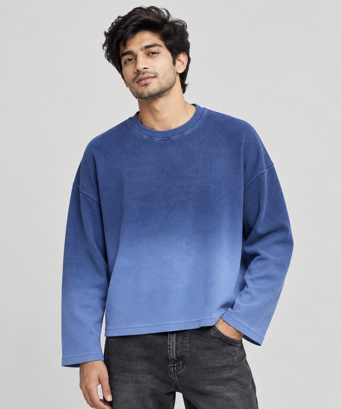 Blue Ombre - Waffle Knit Oversized Full Sleeve