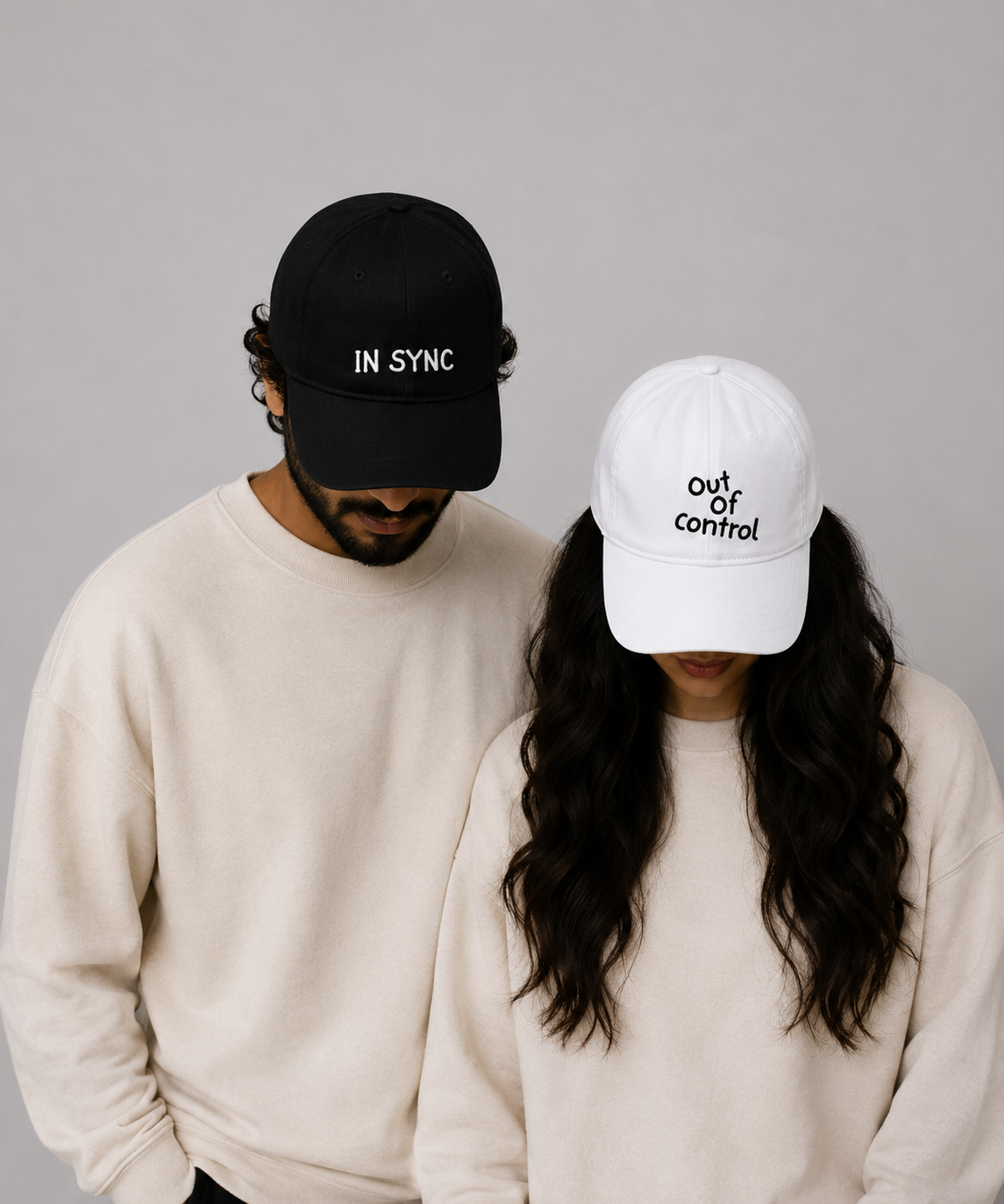 In Sync & Out of Control – Embroidered Couple Caps Set of 2