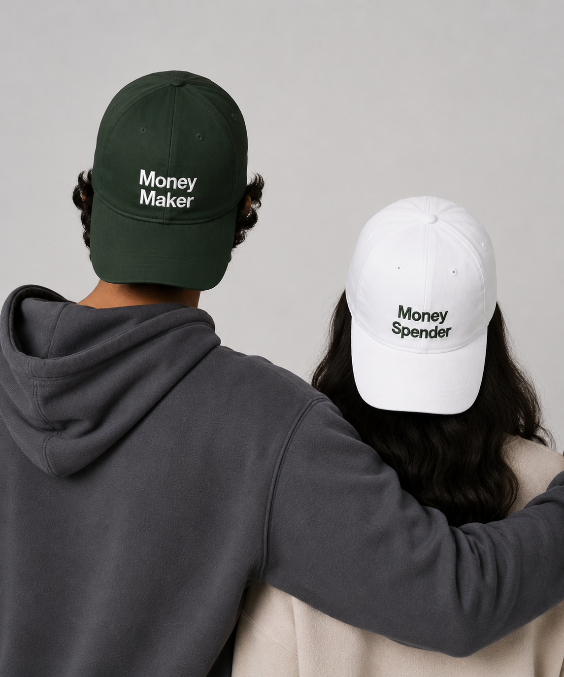 Money Maker & Money Spender – Embroidered Couple Caps Set of 2