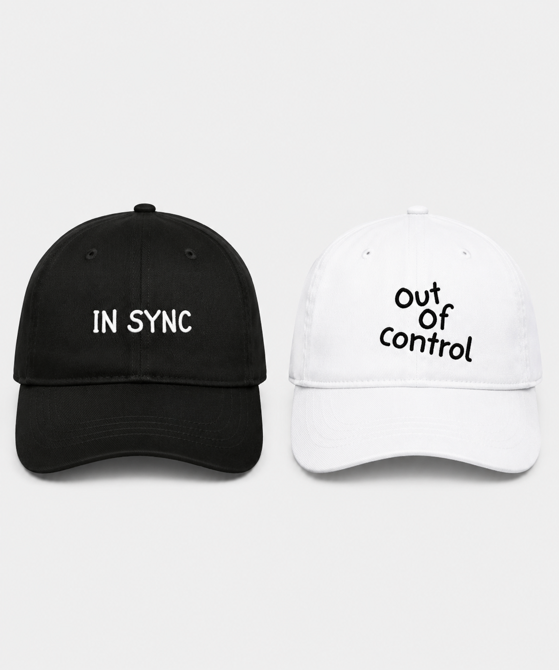 In Sync & Out of Control – Embroidered Couple Caps Set of 2