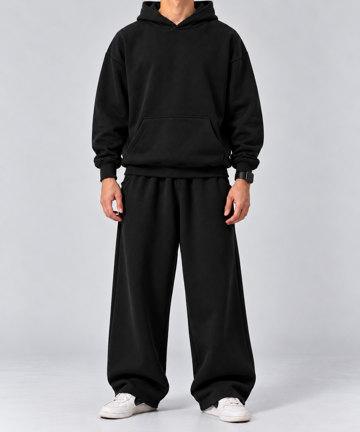 Black Boxy Hoodie & Sweatpants Combo Set – 100% Cotton Fleece