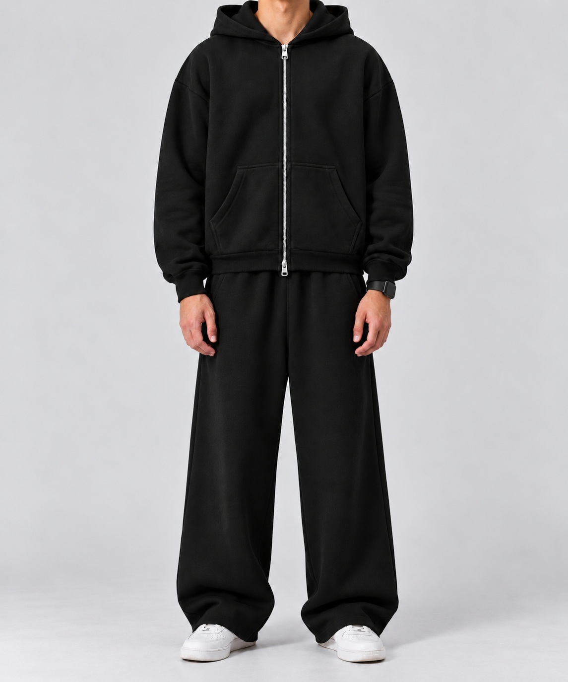 Black Boxy Double Zip Hoodie & Sweatpants Combo Set – 360 GSM Cotton Fleece