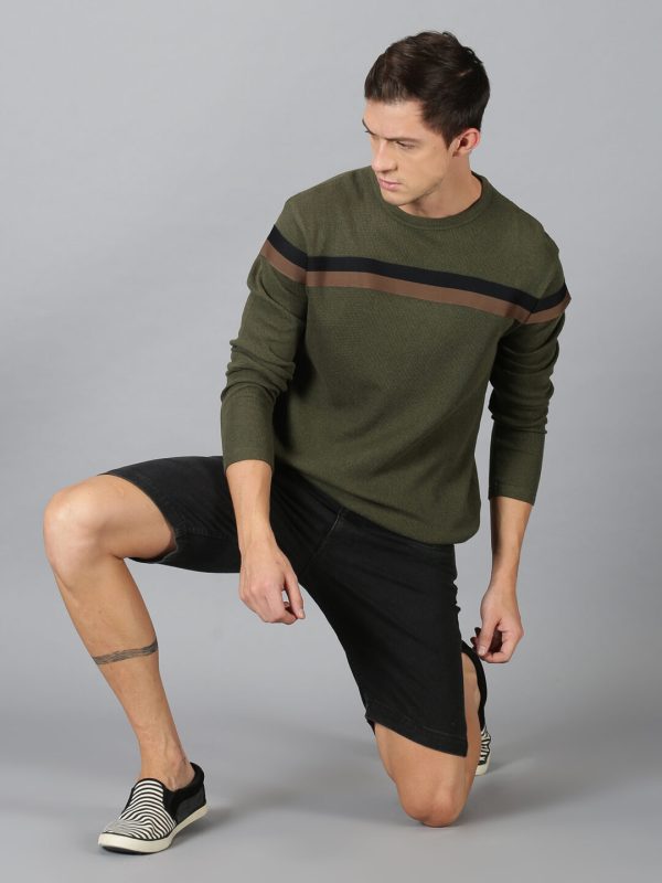 Men Chest Tape Green Round Neck Sweatshirt