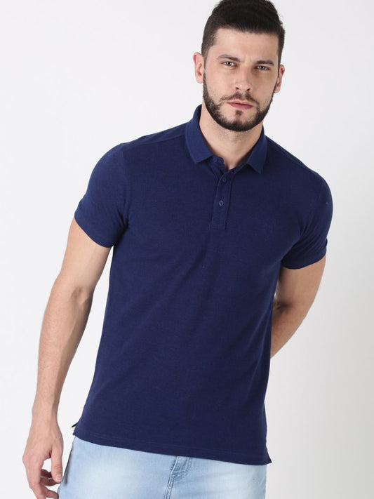 Men Plain Blue Cotton Polo T-shirt